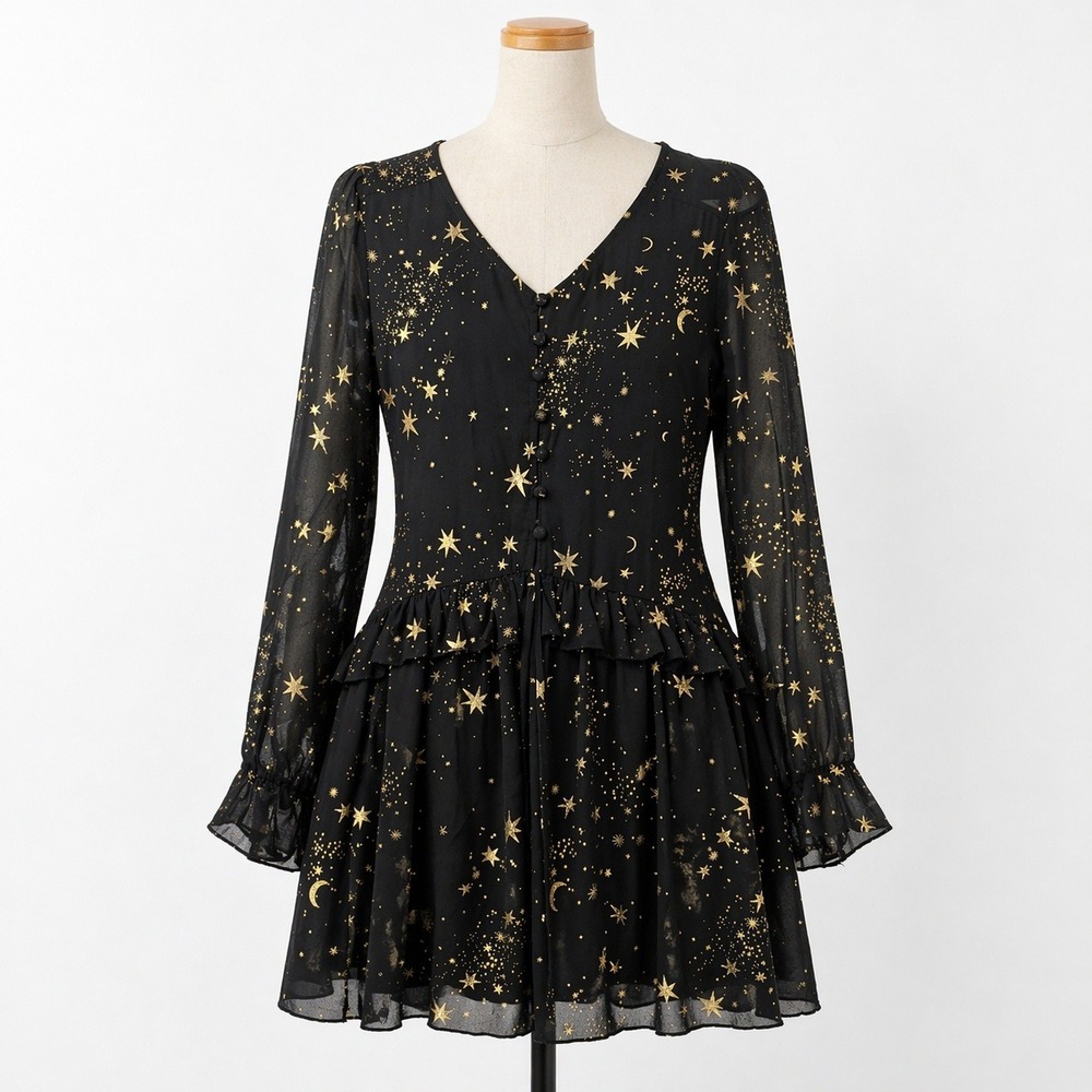 Celestial Moon Starโ Mini Dress Size M Black Gold Long Sleeve Whimsigoth Witchy